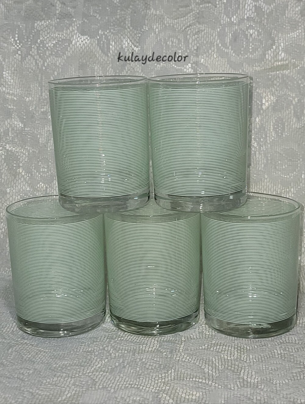 Vintage Cera Glass MCM Pale Green Ribbed Stripe Tumblers Set of 5